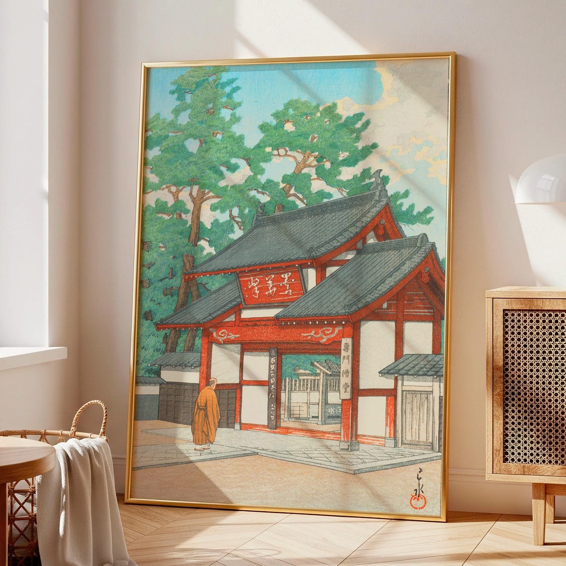 Japanese Vermilion Temple Gate Poster Woodblock Style Pines Monk
