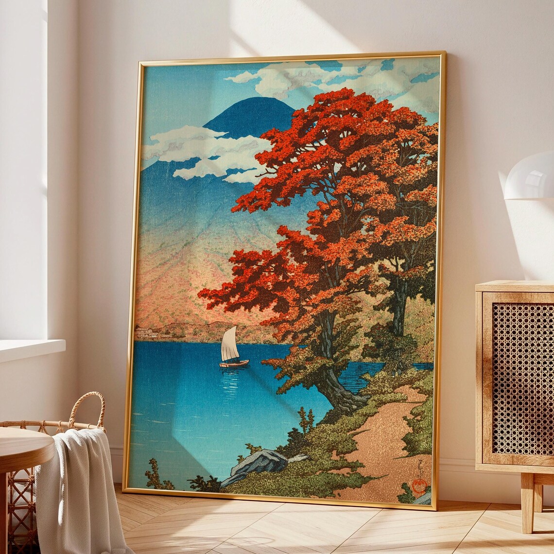 Lake Chuzenji Nikko Autumn Maple Sailboat Poster Woodblock Style