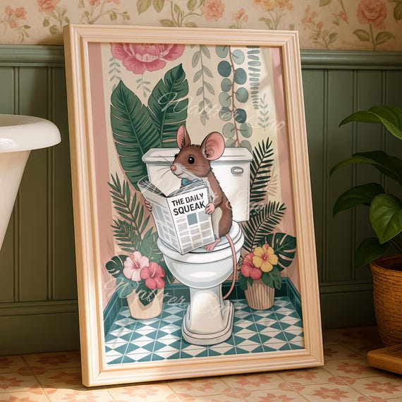 Mouse On The Toilet Bathroom Wall Print Funny Home Decor Trendy New Gifts