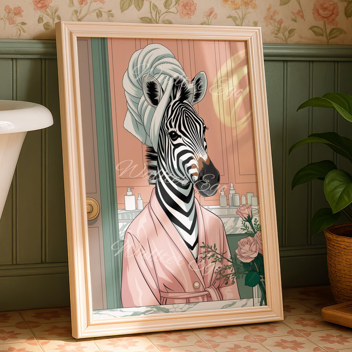 Cute Zebra Spa Day Pink Bathrobe Towel Funny Bathroom Poster