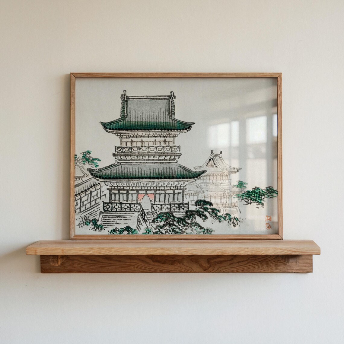 Japanese Temple Ink Wash Painting of Green Pagoda Roofs Print