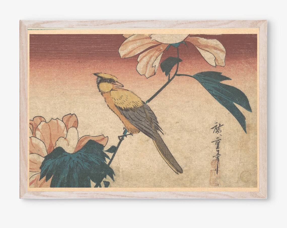 Utagawa Hiroshige Golden Bird Hibiscus Flowers Sunset Woodblock Poster