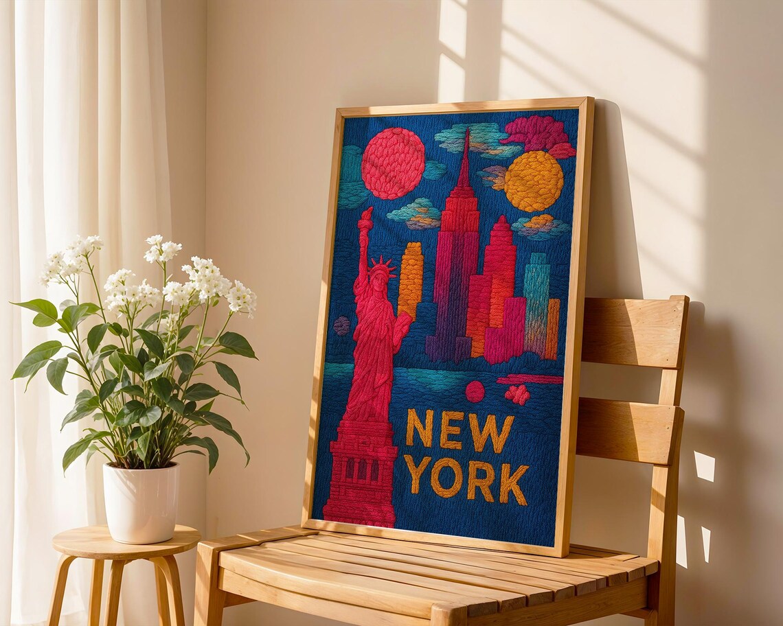 New York City Embroidered Statue Of Liberty Skyline Art Poster - Image 5