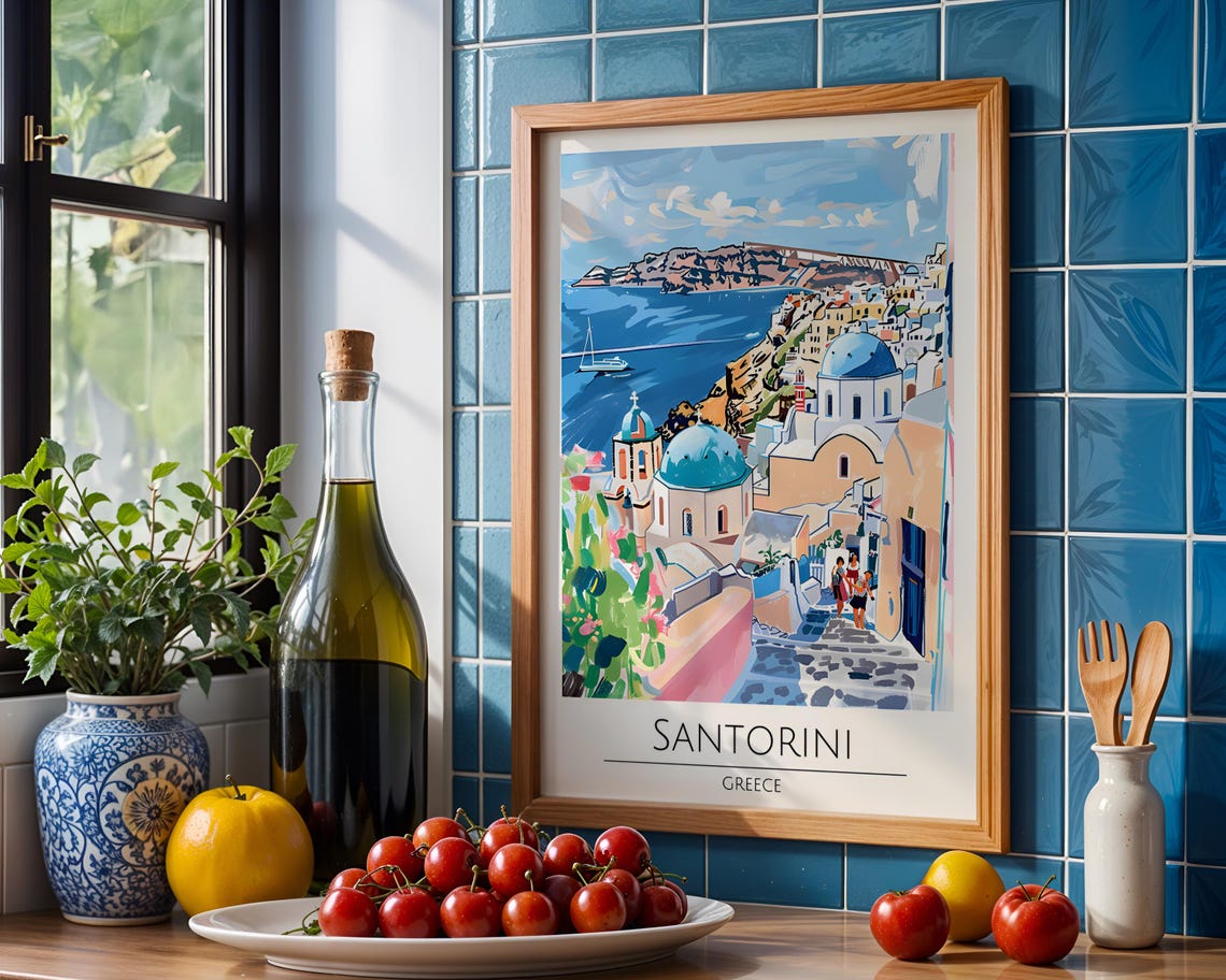 Santorini Greece Blue Domes Caldera Colorful Travel Art Poster - Image 5