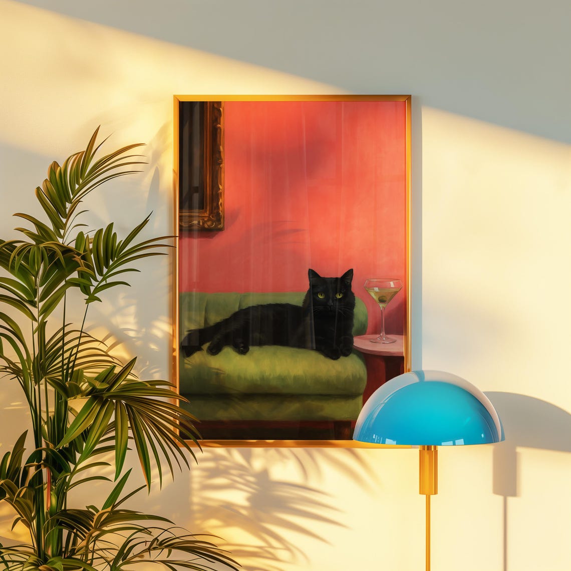 Black Cat Lounging Green Sofa Martini Cocktail Whimsical Art Poster - Image 3