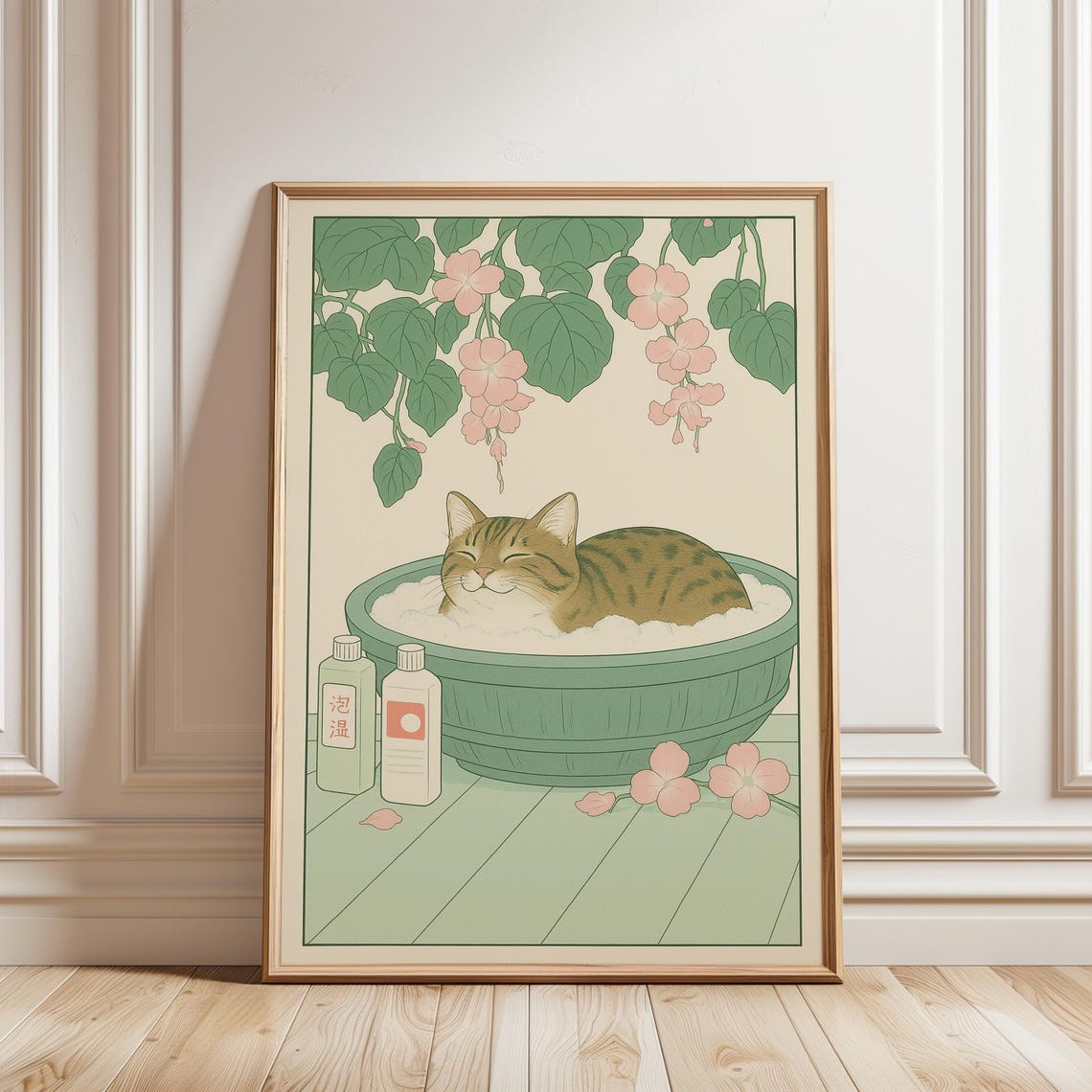 Tabby Cat Bubble Bath Japanese Illustration Bathroom Art Poster