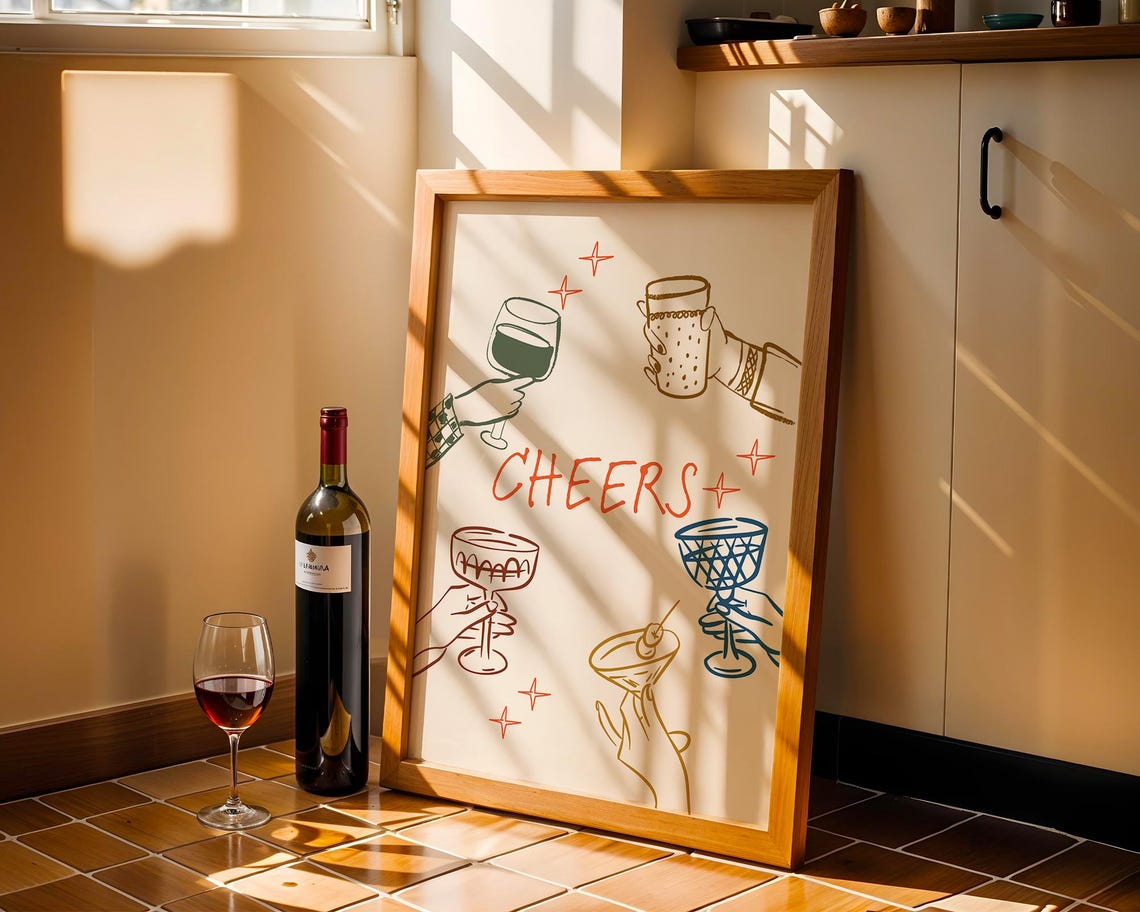 Cheers Cocktail Glasses Retro Hand Drawn Party Toast Art Poster - Image 2