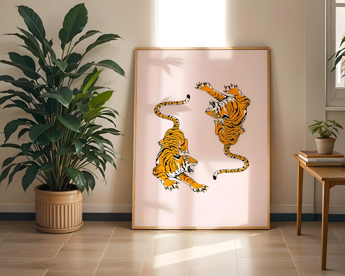 Two Fighting Orange Tigers Pink Background Vintage Style Art Poster - Image 3