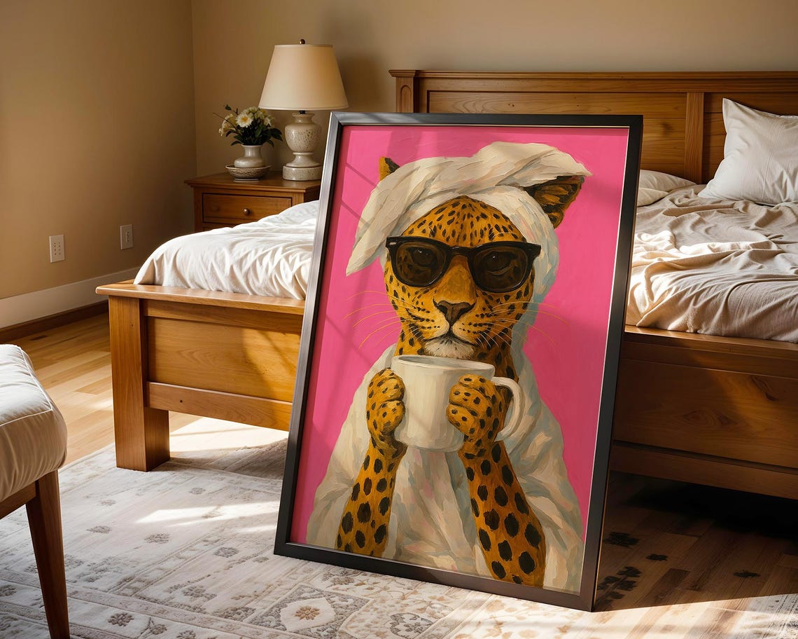 Leopard Drinking Coffee Sunglasses Towel Turban Pink Art Poster - Image 6