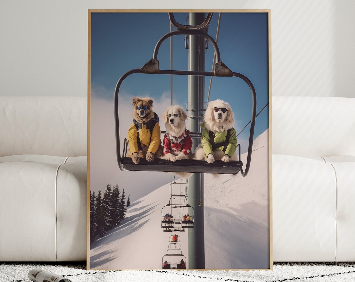 Dogs In A Ski Resort Skiing Wall Art Poster