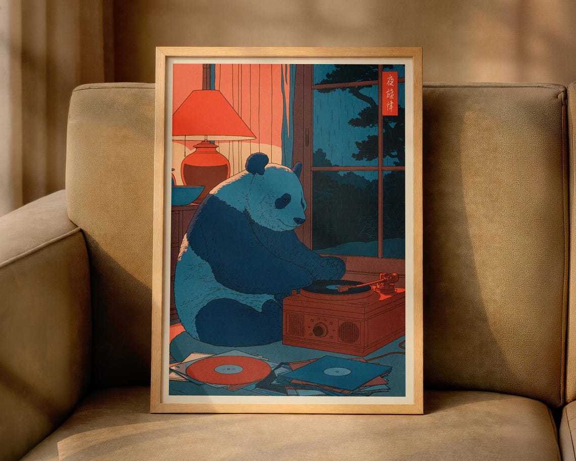 Japanese Panda Playing Vinyl Record Player Rainy Night Poster Art