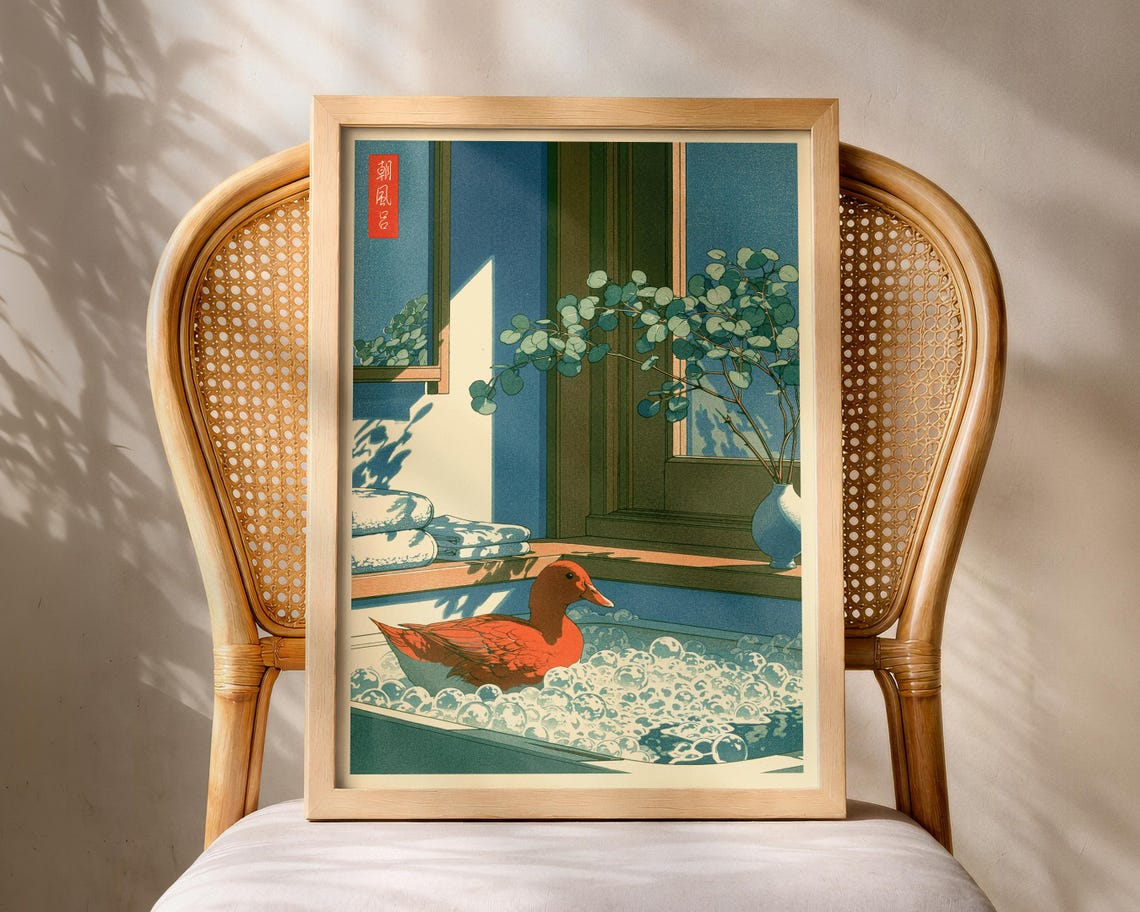 Japanese Duck Bubble Bath Japandi Bathroom Morning Sun Wall Art