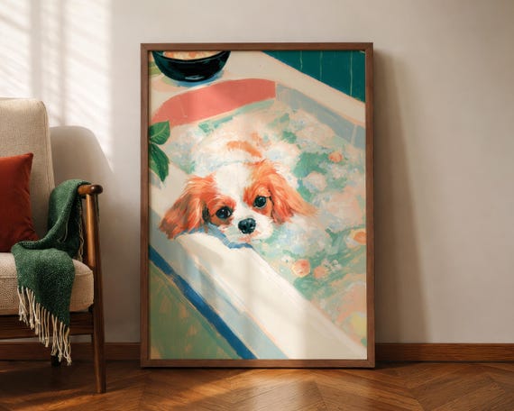 Cavalier Bathroom Wall Art Print King Charles Spaniel Bathtub Poster Funny Dog Whimsical Puppy Colourful Bath Decor