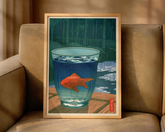 Japanese Goldfish Poster Rainy Bamboo Print Japandi Living Room Decor Hasui Kawase Inspired Hiroaki Takahashi Style Shinhanga Wall Art