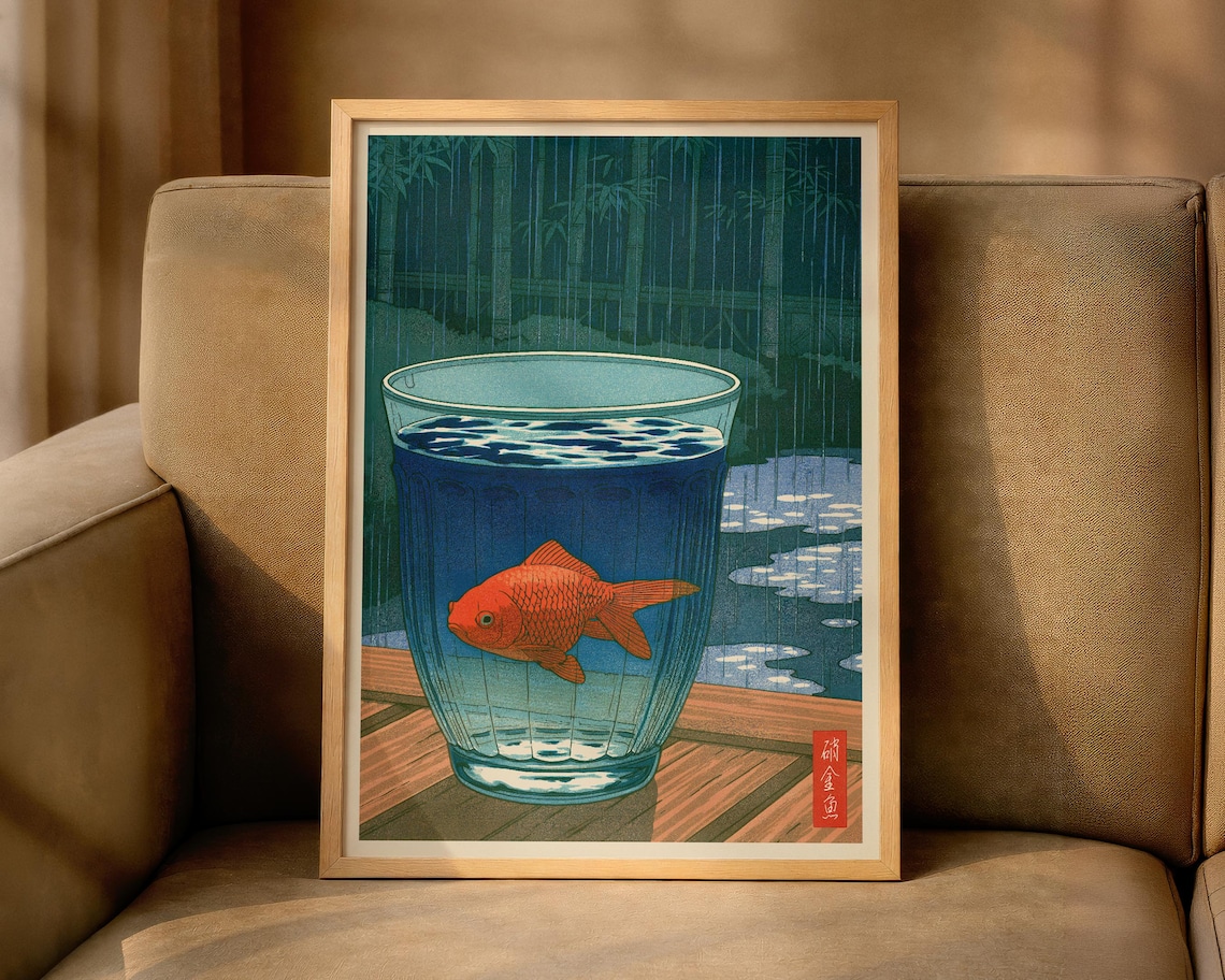 Japanese Goldfish in a Glass Bowl Rainy Bamboo Woodblock Style Poster