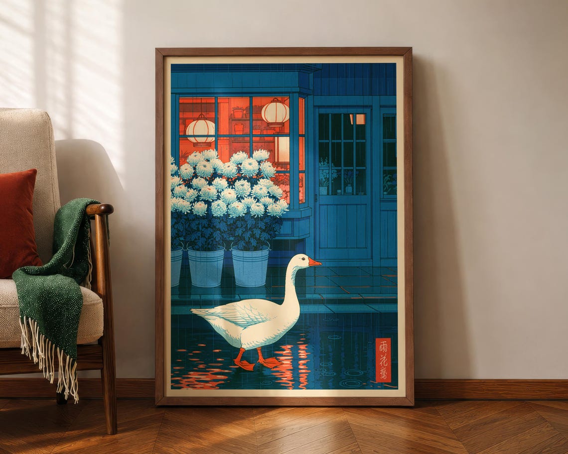 Japanese Goose Poster Rainy Flower Shop Print Funny Living Room Decor Hasui Kawase Inspired Hiroaki Takahashi Style Shinhanga Wall Art