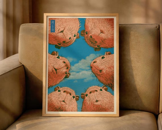 Japanese Capybara Poster Funny Animal Print Japandi Bathroom Decor Hasui Kawase Inspired Hiroaki Takahashi Style Shinhanga Wall Art
