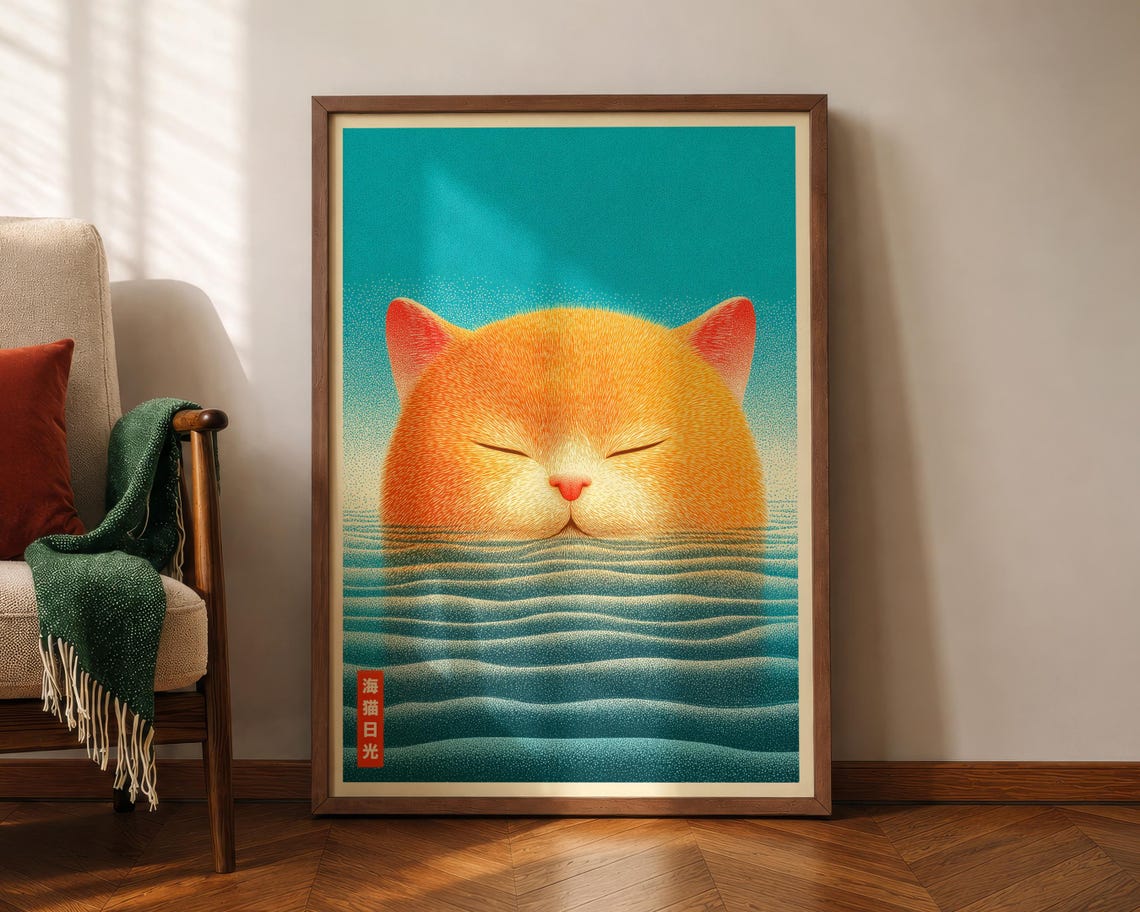 Orange Cat Rising From Ocean Waves Japanese Sunrise Poster Art