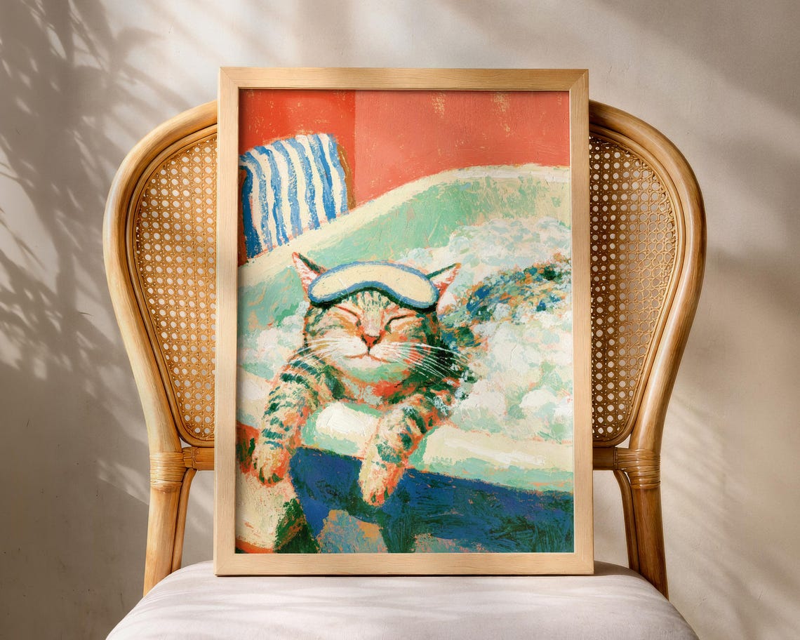 Cat Bathroom Wall Art Print Brown Tabby Bathtub Poster Funny Whimsical Colourful Bath Decor