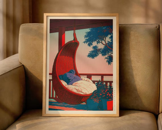 Japanese Koala Poster Rainy Hanging Chair Print Japandi Bedroom Decor Hasui Kawase Inspired Hiroaki Takahashi Style Shinhanga Wall Art