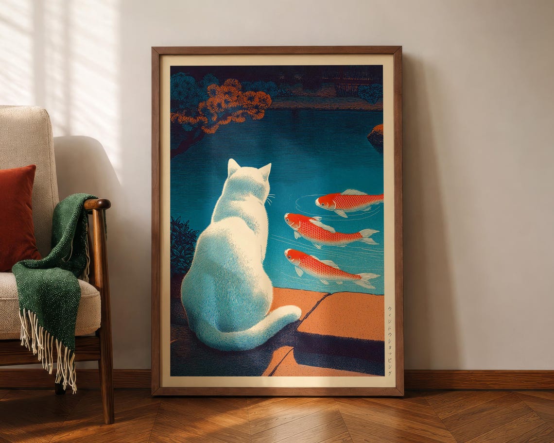 White Cat Watching Koi Fish in a Pond Japanese Woodblock Art Poster