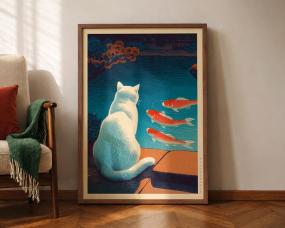 Japanese Cat Poster Watching Koifish Pond Cozy Living Room Decor Hasui Kawase Print Hiroaki Takahashi Style Shinhanga Wall Art