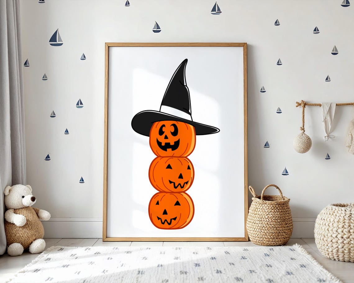 Set Of 3 Halloween Wall Art Prints Witchy Vintage Pumpkin And Bat Decor Cute Posters For Kids Instant