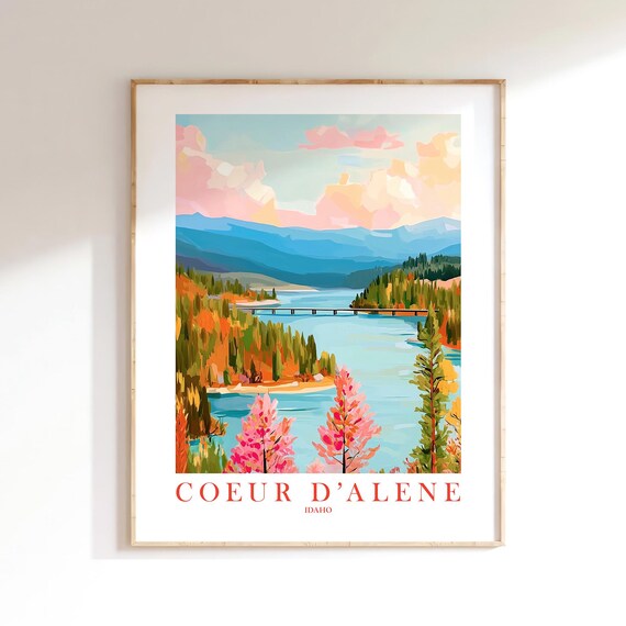 Coeur d'Alene Idaho Travel Poster Scenic Lake Bridge Mountain View