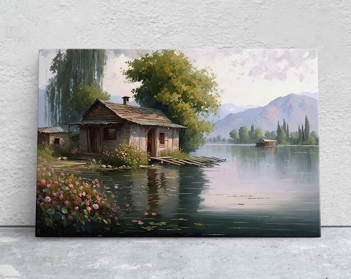 Lakeside Cottage Wildflower Garden Calm Lake Reflection Village Poster
