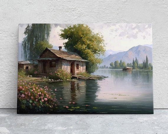 Lake Cottage Art Ready To Hang Large Print Oil Painting Landscape Dali Lake India