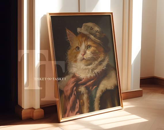 Portrait Of A Orange Tabby Cat Wearing Winter Coat Scarf, Vintage Style Art Print