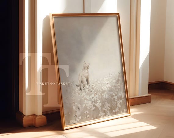 Neutral Painting Of A Cat In Field White Flowers Wall Art