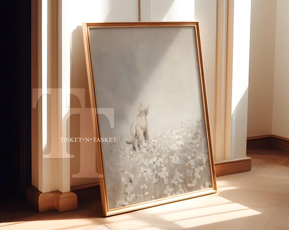 Neutral Painting Of A Cat In Field White Flowers Wall Art