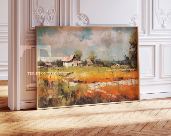 Abstract Autumn Colored Country Landscape Painting Horizontal Wall Art