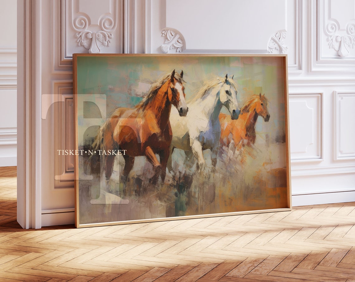 Three Wild Galloping Horses Abstract Equine Oil Painting Wall Art