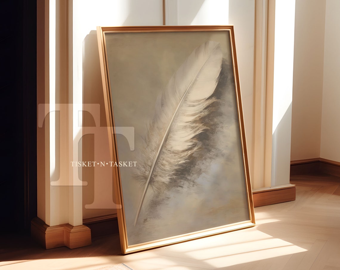 Neutral Grey Feather Painting Minimalist Still Life Vertical Wall Art