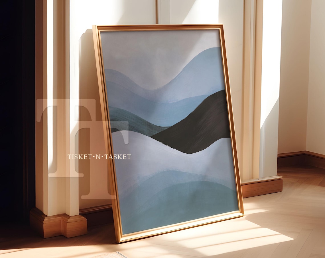 Baby Blue And Black Wavy Abstract Painting Minimal Modern Wall Art
