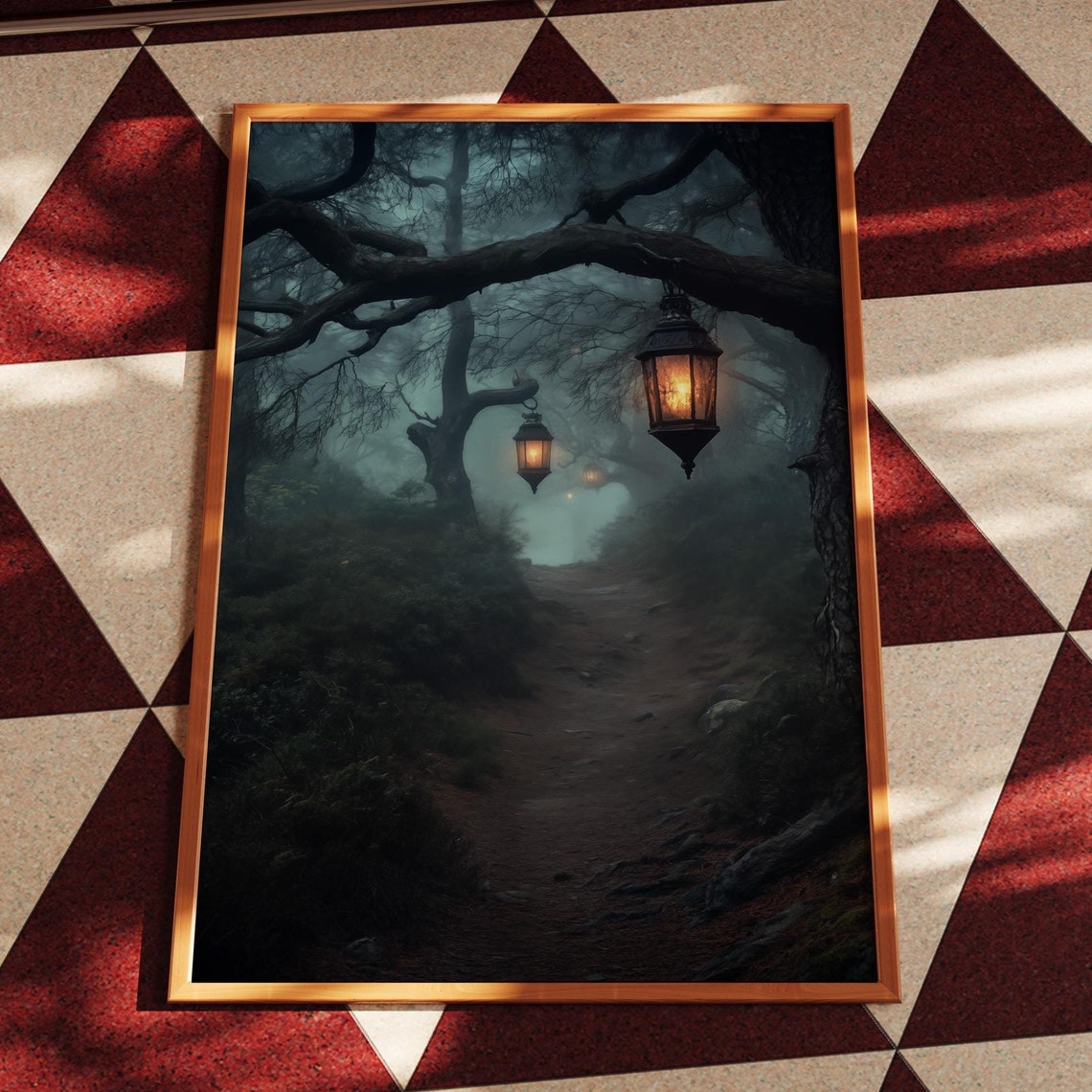 Foggy Dark Forest Path with Glowing Lanterns Night Scene Poster