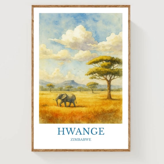 Hwange Watercolor Design Art Print, Zimbabwe