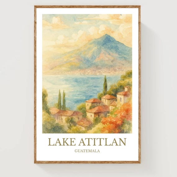 Lake Atitln Watercolor Design Poster Guatemala Print Wall Art