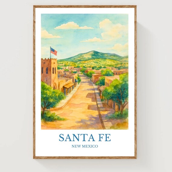 Santa Fe New Mexico Adobe Street and American Flag Watercolor Travel Poster