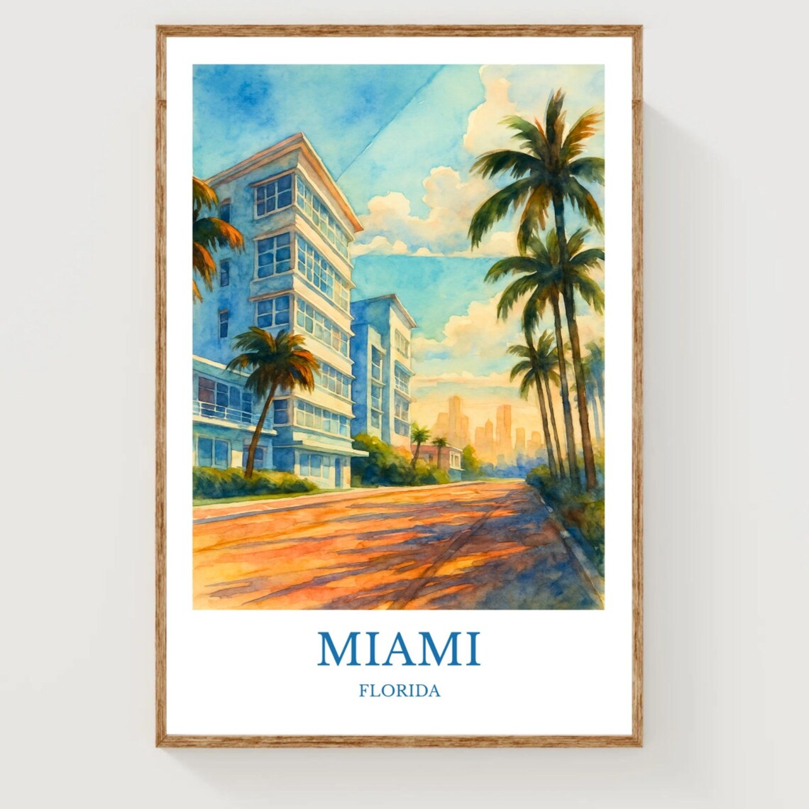 Miami Florida Watercolor Art Deco Palms Sunset Street Travel Poster