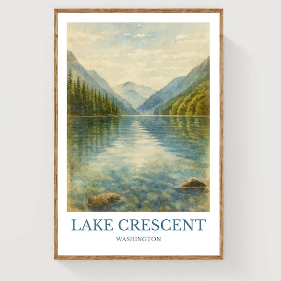 Lake Crescent Washington Clear Water Mountain Watercolor Poster