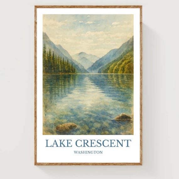 Lake Crescent Watercolor Design Poster United States Print Wall Art