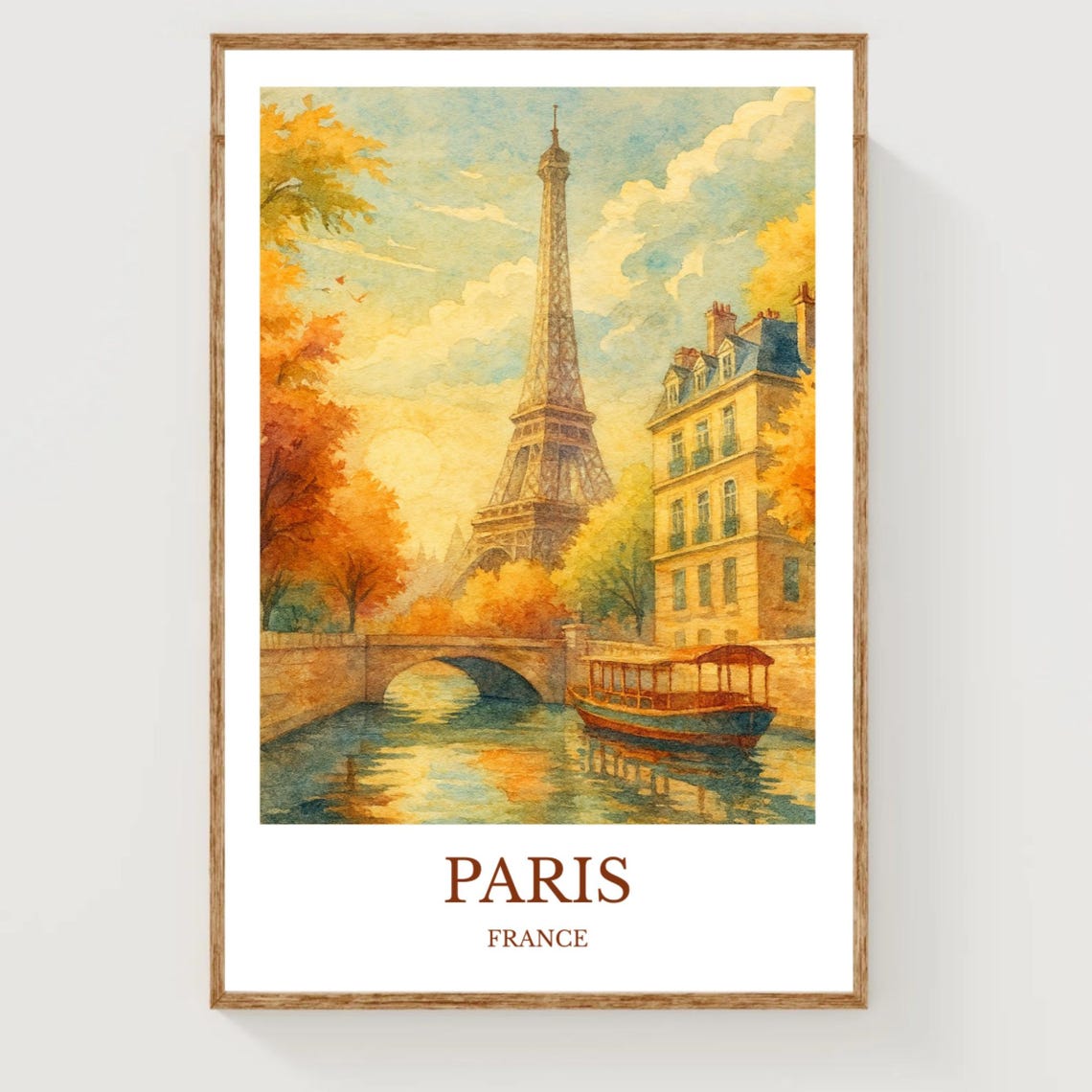 Paris France Eiffel Tower Autumn River Boat Watercolor Travel Poster