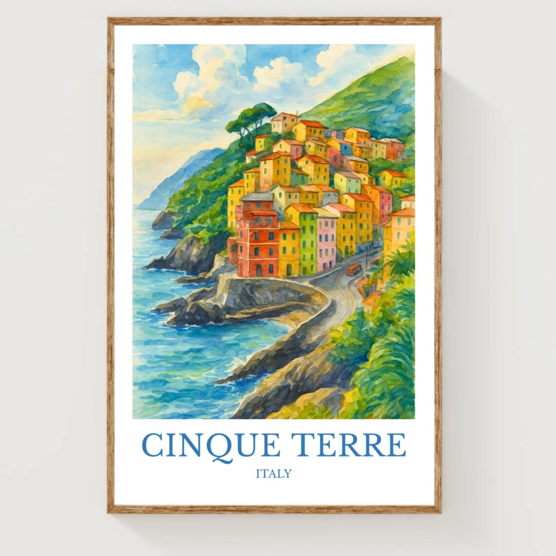 Cinque Terre Italy Watercolor Colorful Village Coastal Travel Poster