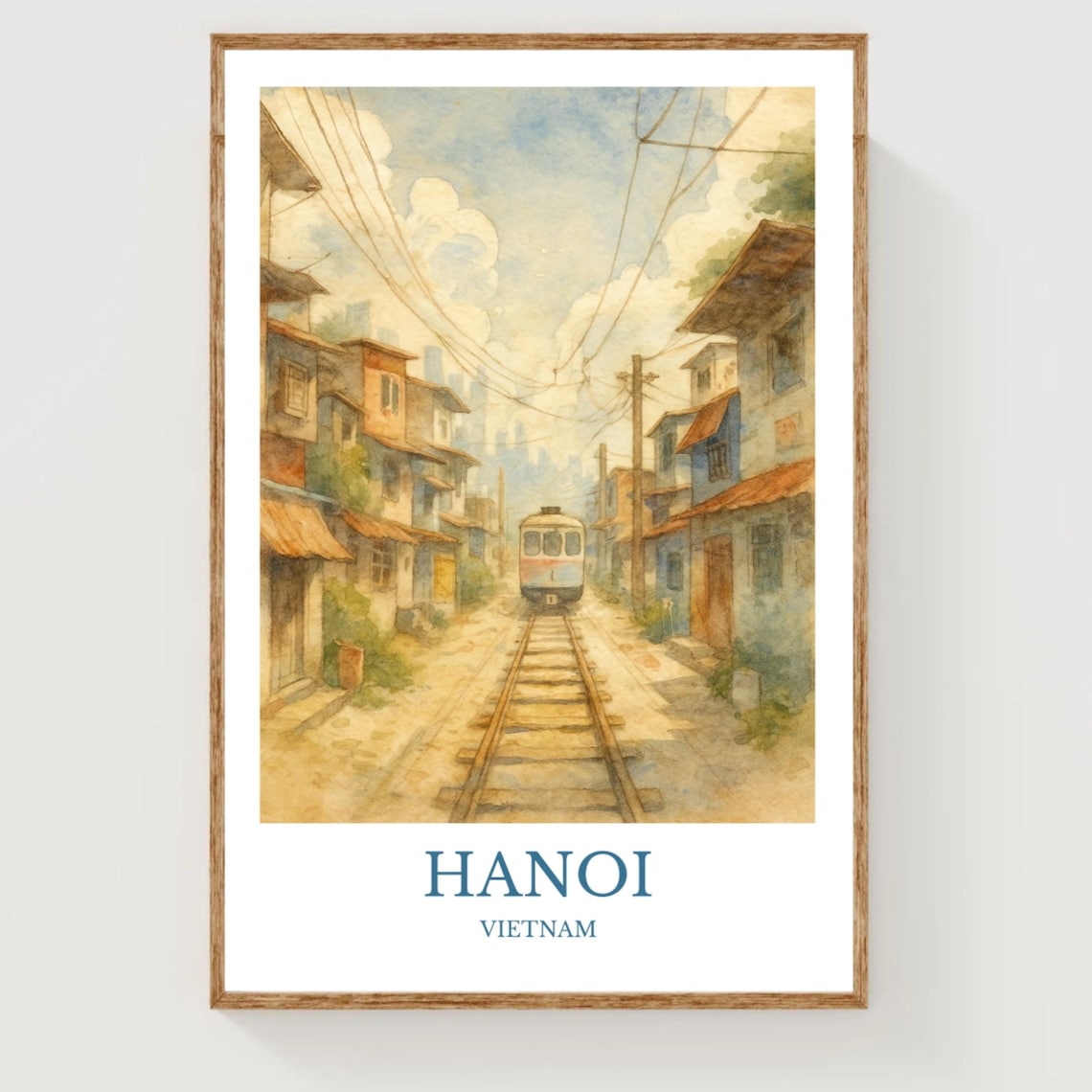 Hanoi Vietnam Old Train Street Railway Tracks Watercolor Travel Poster