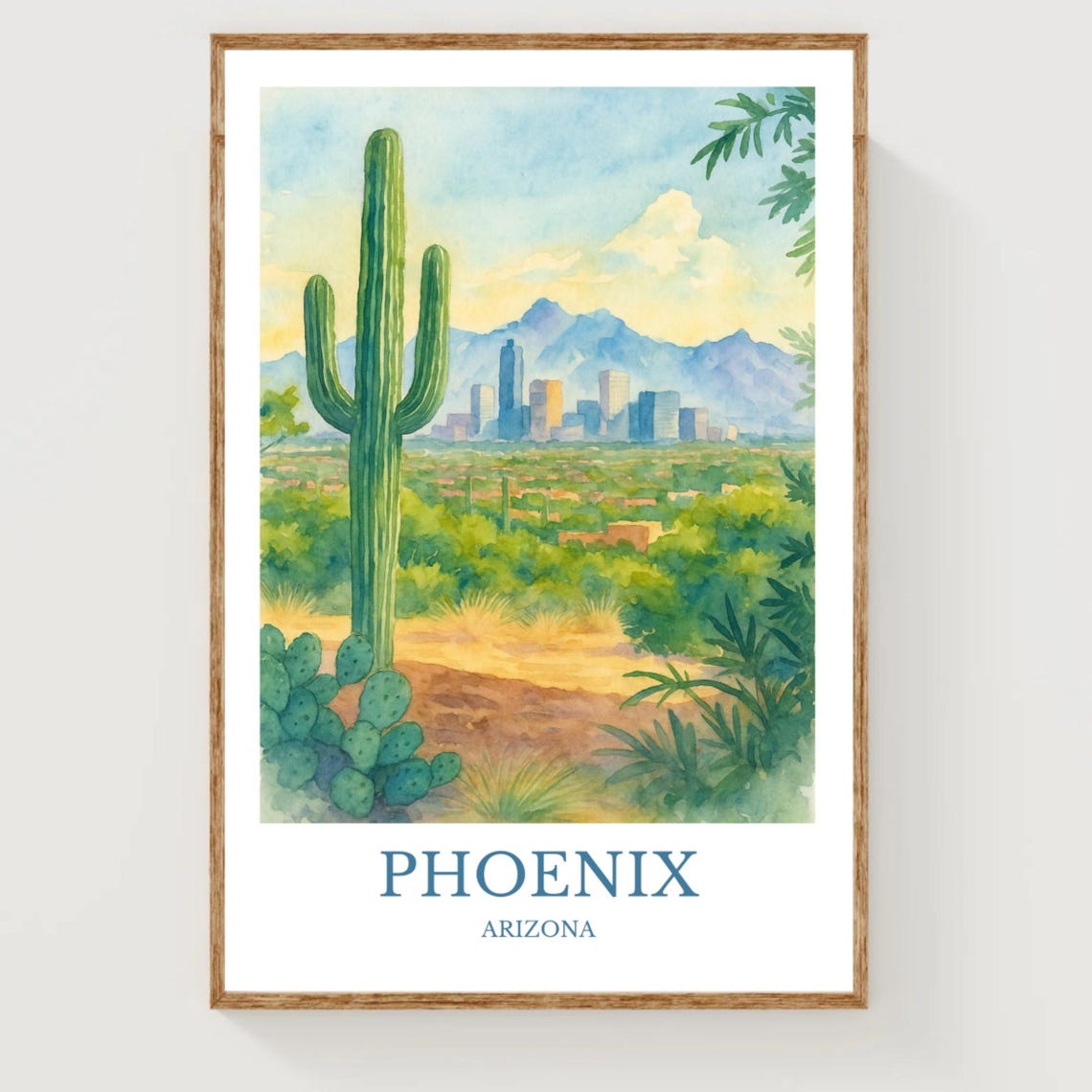 Phoenix Arizona Saguaro Cactus Skyline Watercolor Travel Poster