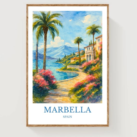 Marbella Spain Watercolor Travel Poster with Palm Trees and Coast