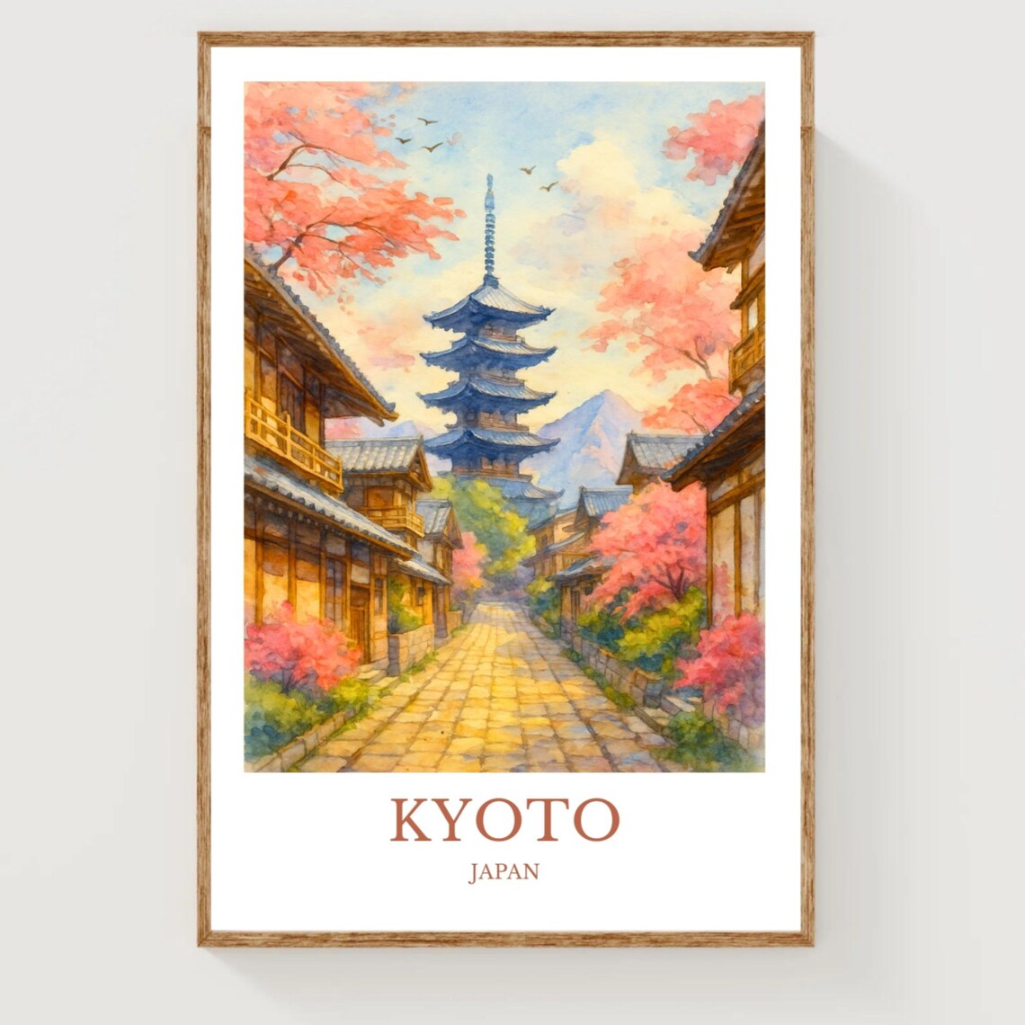 Kyoto Japan Cherry Blossom Pagoda Street Watercolor Travel Poster